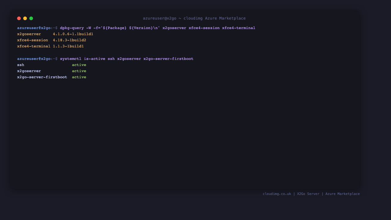 Installed X2Go and XFCE package versions and the active X2Go, SSH and first-boot services