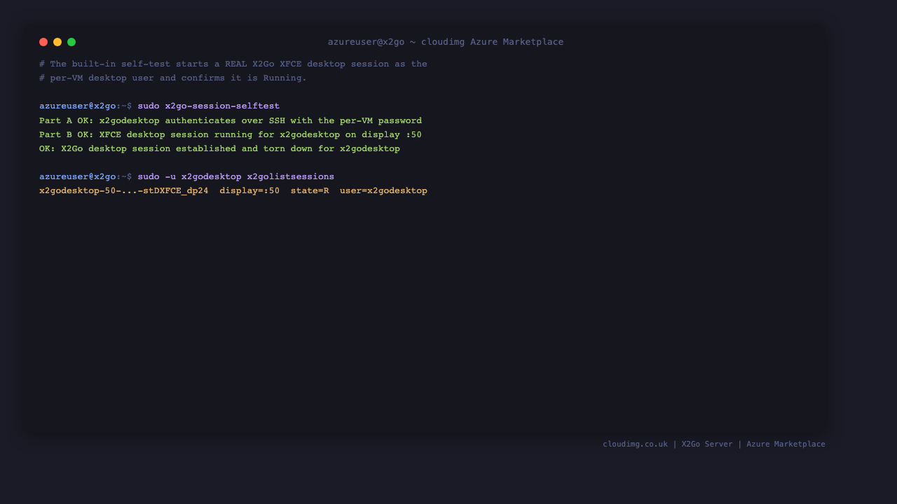 The built in self-test starting a real X2Go XFCE session and x2golistsessions reporting it running