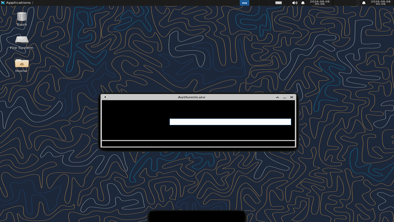 The XFCE remote desktop delivered by X2Go, showing the Applications menu, panel and desktop icons