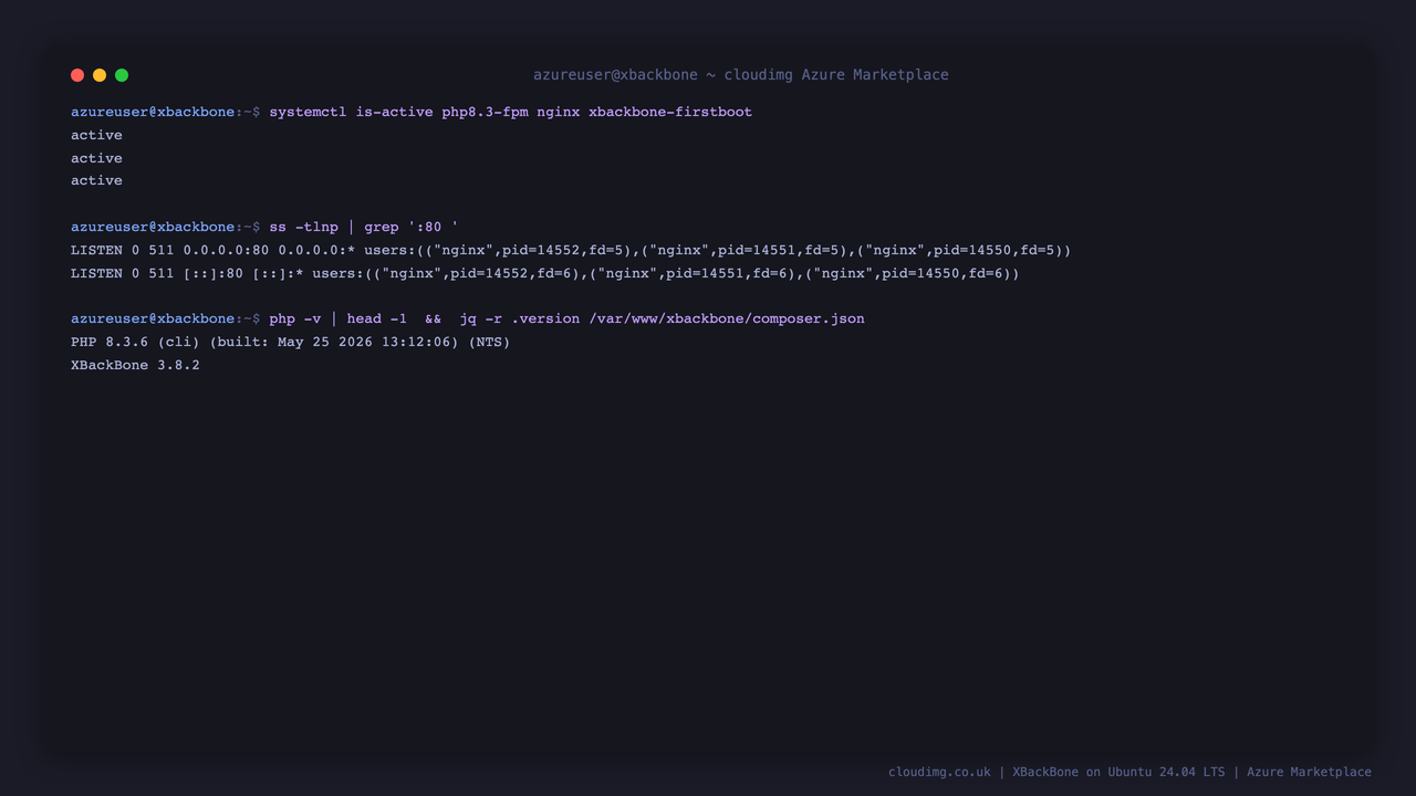 The php8.3-fpm, nginx and xbackbone-firstboot services all active, nginx listening on port 80, and PHP 8.3.6 running XBackBone 3.8.2