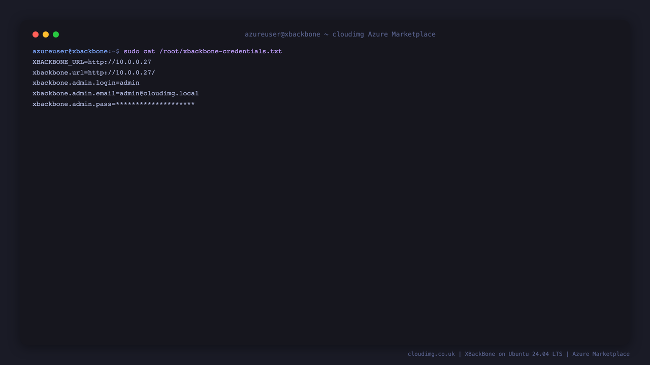 The xbackbone-credentials.txt file at mode 0600 root root showing the per VM URL, the admin login name and the generated password, with the password redacted