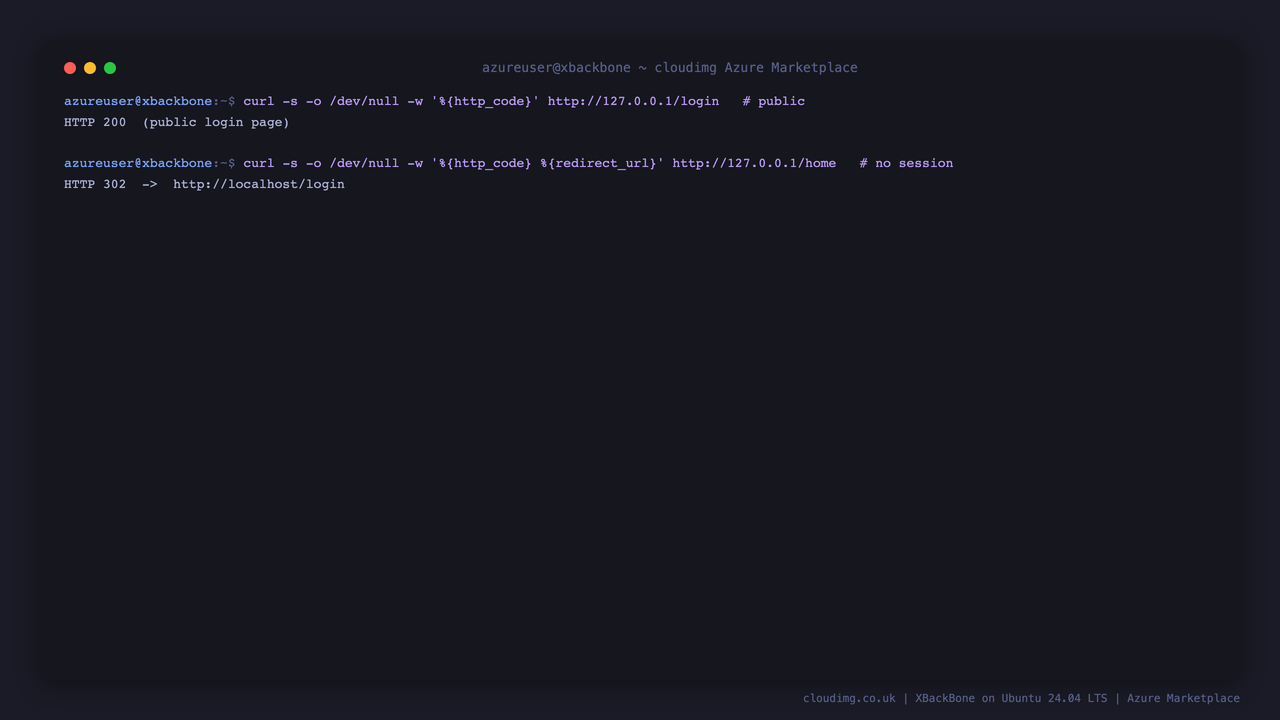 curl showing the public login page returning HTTP 200 and the dashboard returning HTTP 302 redirecting an unauthenticated visitor to the login page