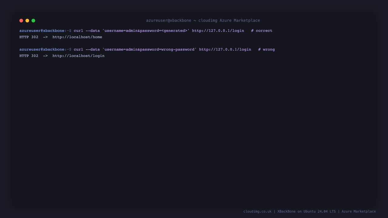 curl showing the correct generated password redirecting to /home on login and a wrong password being bounced back to /login