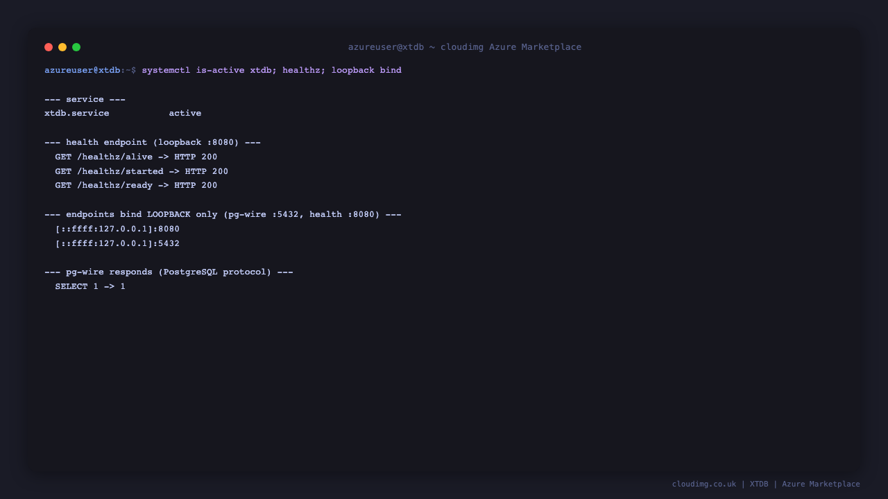 XTDB service active under systemd with the health endpoint responding on loopback