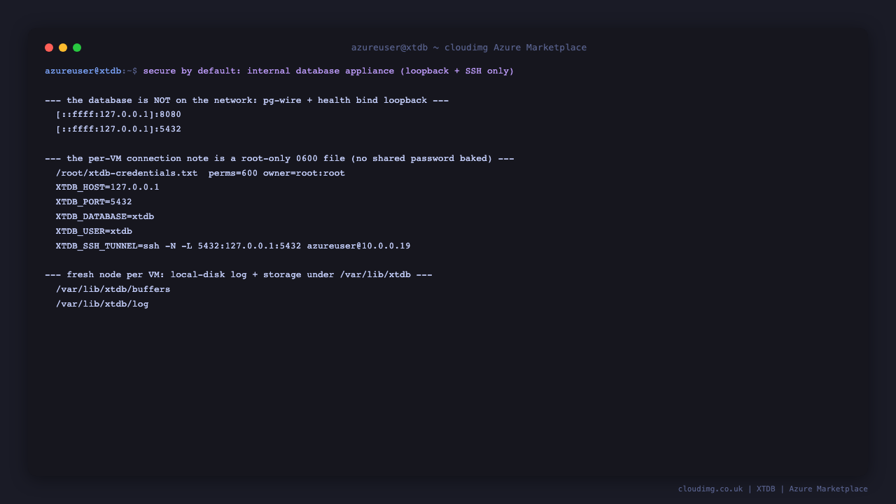 The internal-database appliance posture: loopback binding, SSH-only ingress, per-VM connection note