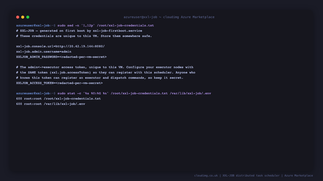 The per-VM admin credentials and access token written on first boot, root-only