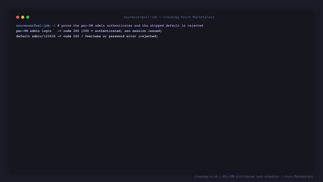 The per-VM admin authenticates while the shipped default admin/123456 is rejected