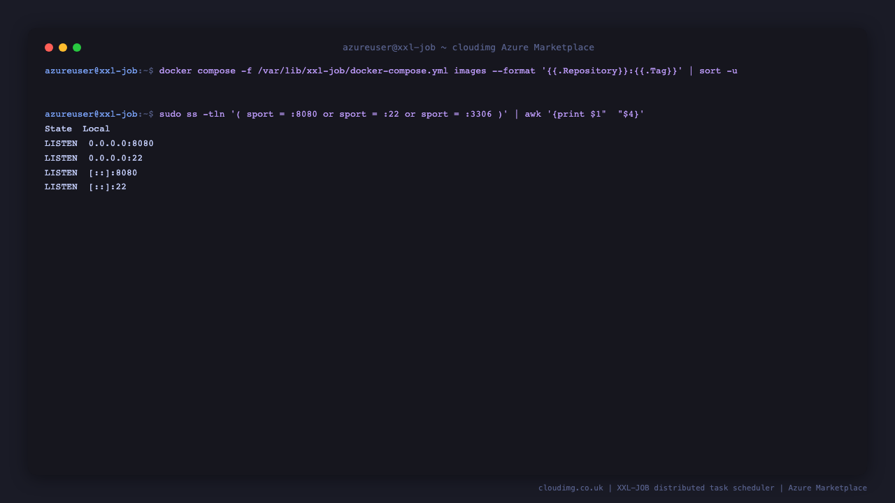 The XXL-JOB image pinned to 3.4.2 with only SSH and HTTP exposed