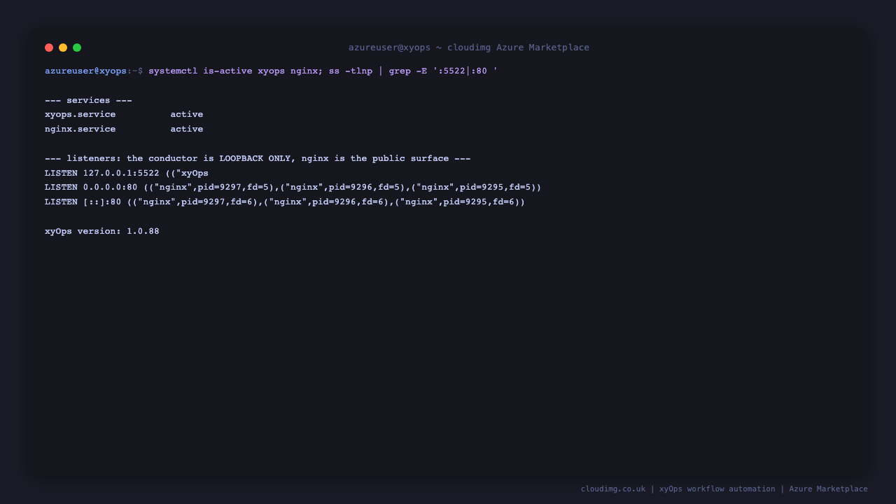 xyops.service and nginx.service reporting active, with the xyOps conductor bound to loopback 127.0.0.1:5522 behind nginx on port 80, and xyOps version 1.0.88
