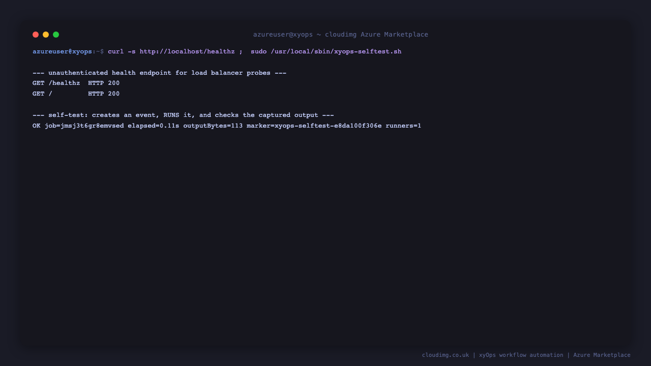 The unauthenticated health endpoint returning HTTP 200 and the xyOps self test reporting OK after creating and running a real job