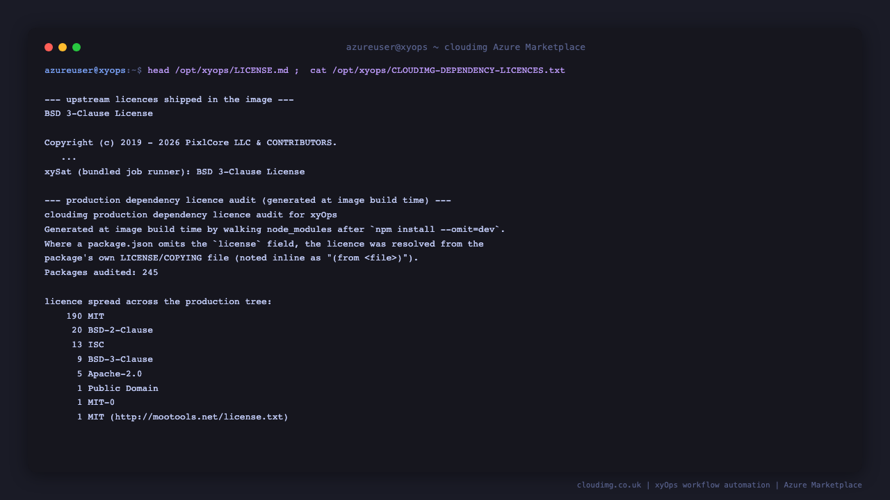 The upstream BSD 3-Clause licences for xyOps and the bundled xySat runner, and the build time production dependency licence audit summarising 245 packages