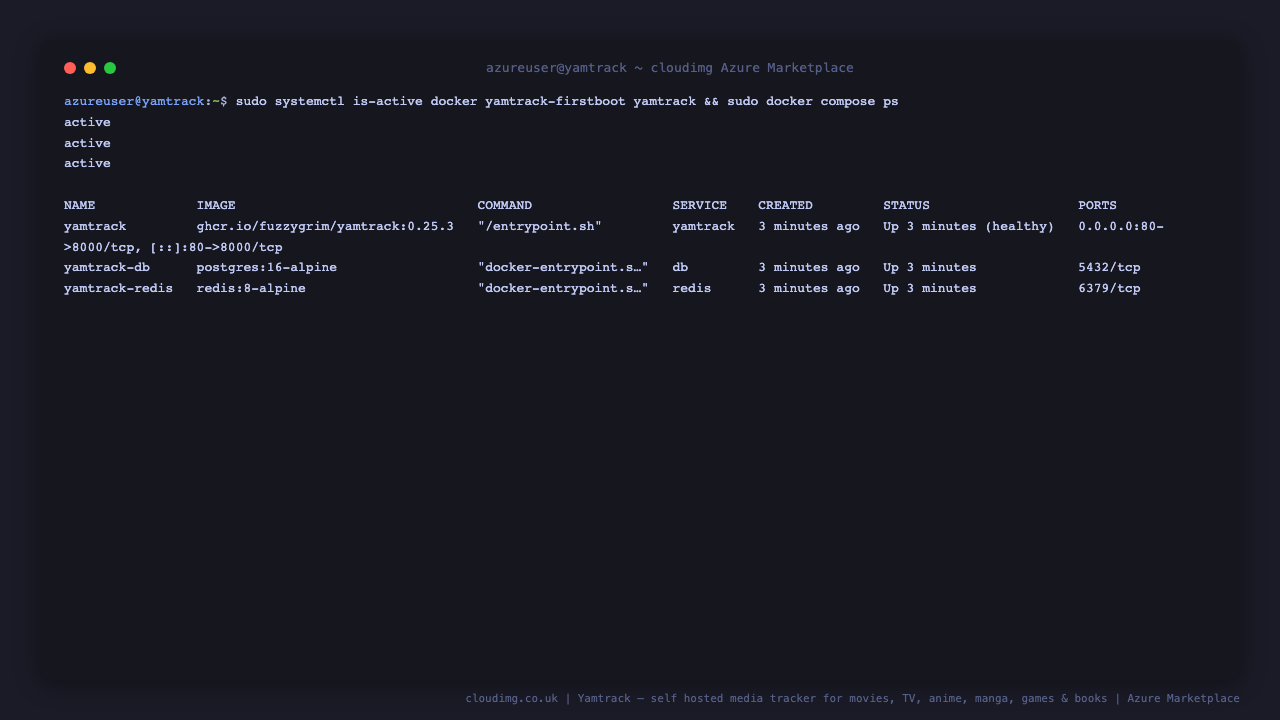 The docker, yamtrack-firstboot and yamtrack services all active, and the yamtrack, yamtrack-db and yamtrack-redis compose containers running with the app healthy and only port 80 published
