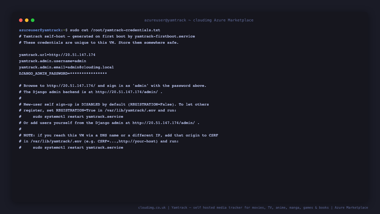 The yamtrack-credentials.txt file at mode 0600 root root with the per VM admin username, email and password and the app URL, the password redacted, and a note that they are generated uniquely on first boot