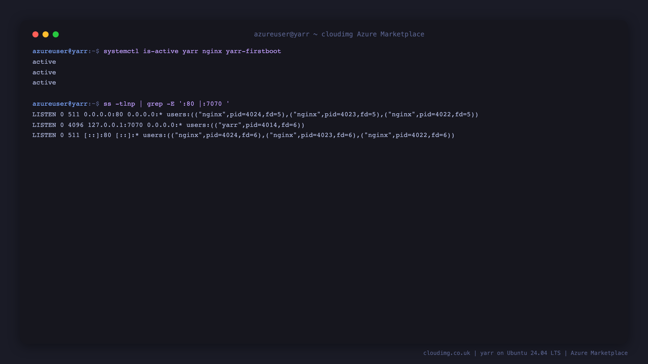 yarr, nginx and the firstboot service all active, with nginx bound to public port 80 and yarr bound to loopback 127.0.0.1:7070 only