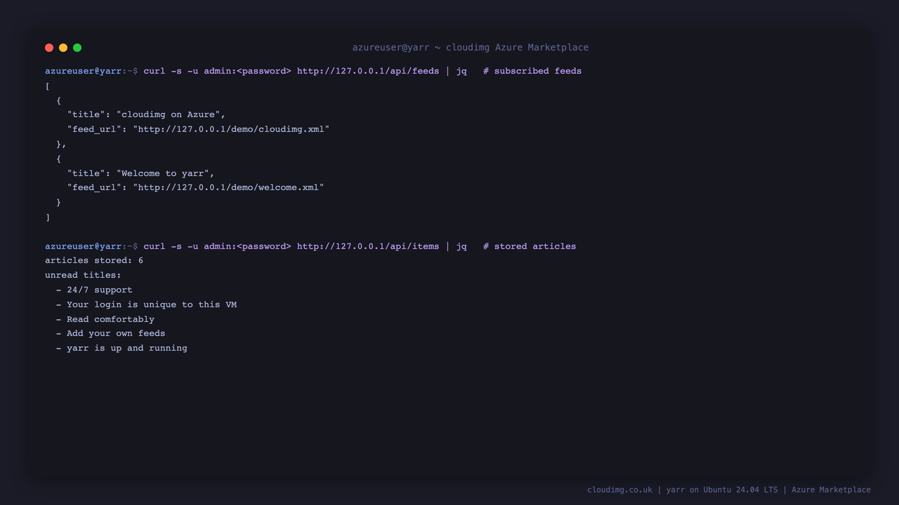 Listing the subscribed demo feeds and the count of stored articles through the authenticated yarr API