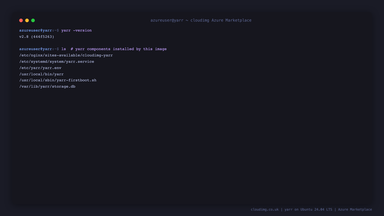 yarr reporting version 2.8 and the installed component paths on disk
