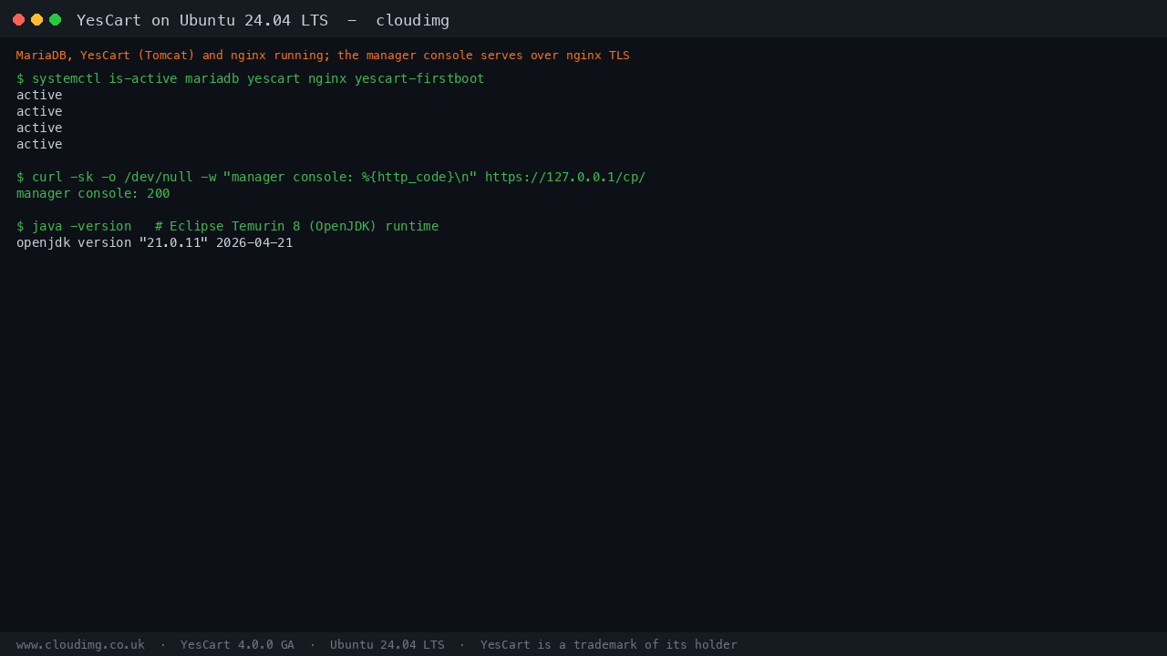 YesCart services active on Ubuntu 24.04