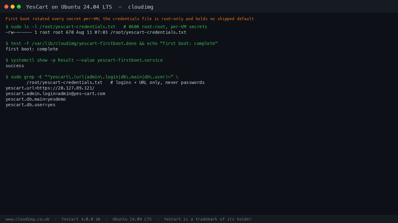 YesCart first boot credentials, the default administrator rotated