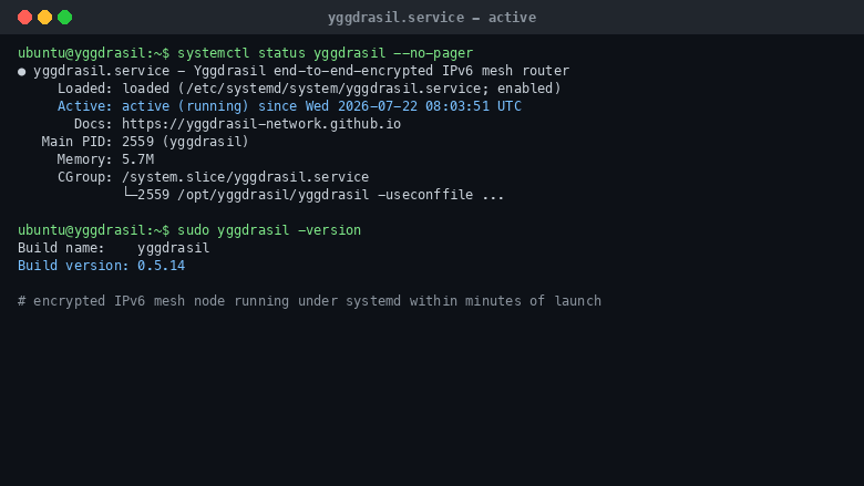 The yggdrasil service active under systemd, with yggdrasil reporting version 0.5.14, running as an encrypted IPv6 mesh node within minutes of launch