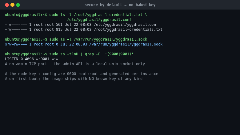 The per instance credentials file and node config are 0600 root:root, and the admin API is a local Unix socket only, showing the image ships no known key and the management interface is never network reachable
