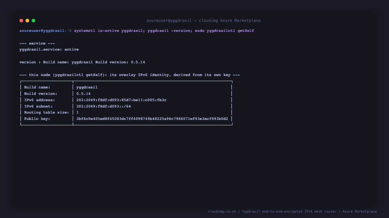 yggdrasil.service reports active, yggdrasil reports version 0.5.14, and yggdrasilctl getSelf prints this node's overlay IPv6 address in the 0200::/7 range, its 0300::/64 subnet and its public key, all derived from the node's own cryptographic key