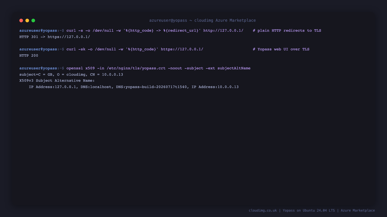 curl shows plain HTTP 80 returning a 301 redirect to https, the web UI returning HTTP 200 over TLS, and openssl printing the per VM self signed certificate subject and Subject Alternative Names