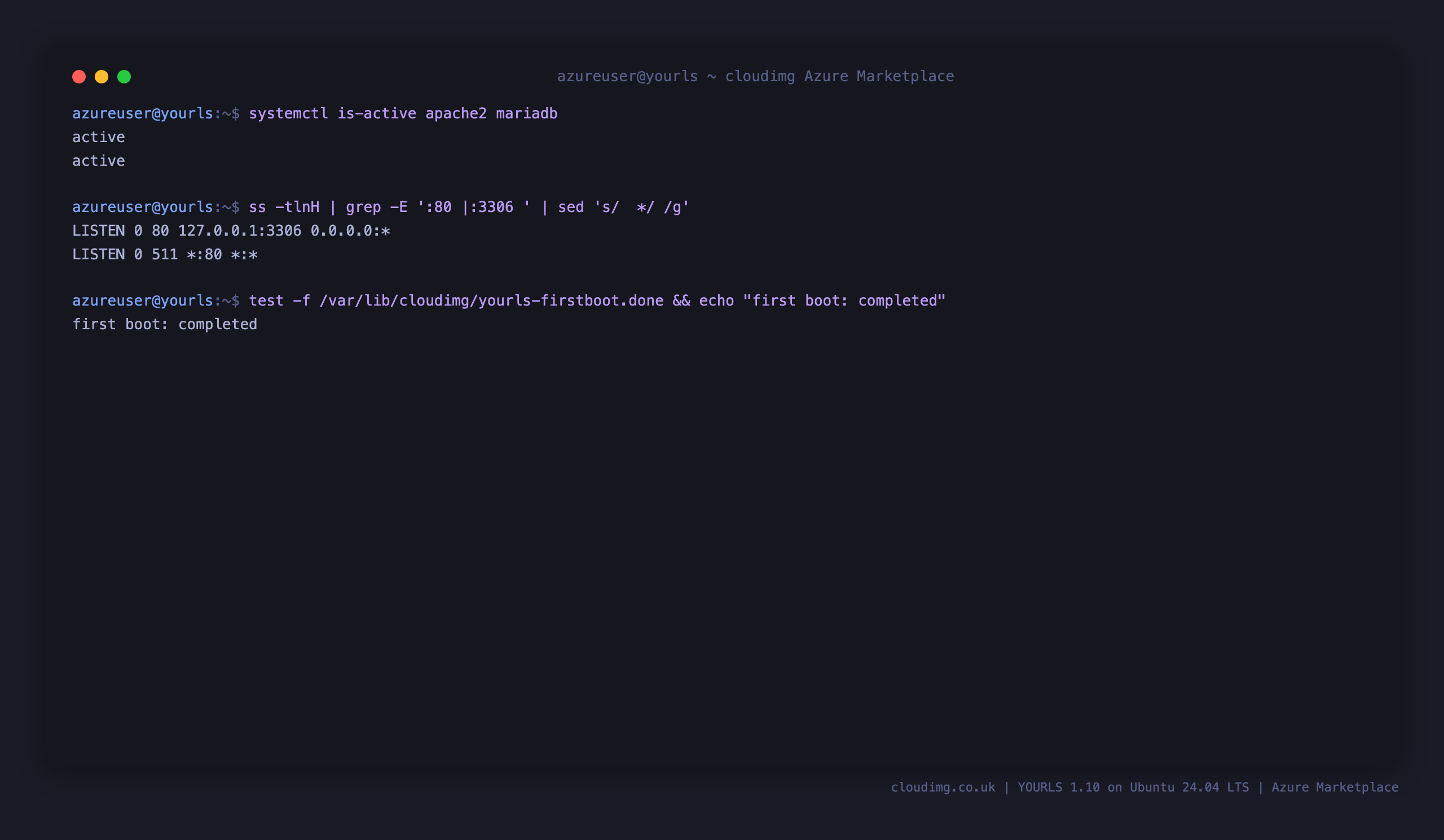 The apache2 and mariadb services both reporting active, Apache listening on port 80 with MariaDB bound to loopback 127.0.0.1:3306, and the first boot marker confirming the credential rotation completed