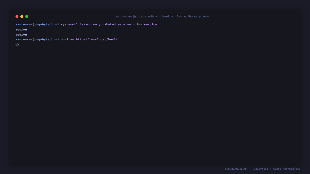 Terminal showing yugabyted and nginx services active and the health endpoint returning ok