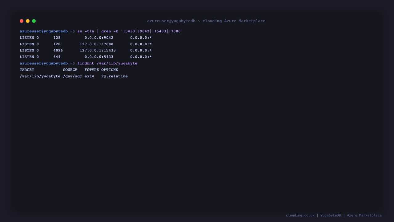 Terminal showing the YSQL and YCQL listeners and the dedicated data disk mounted at /var/lib/yugabyte