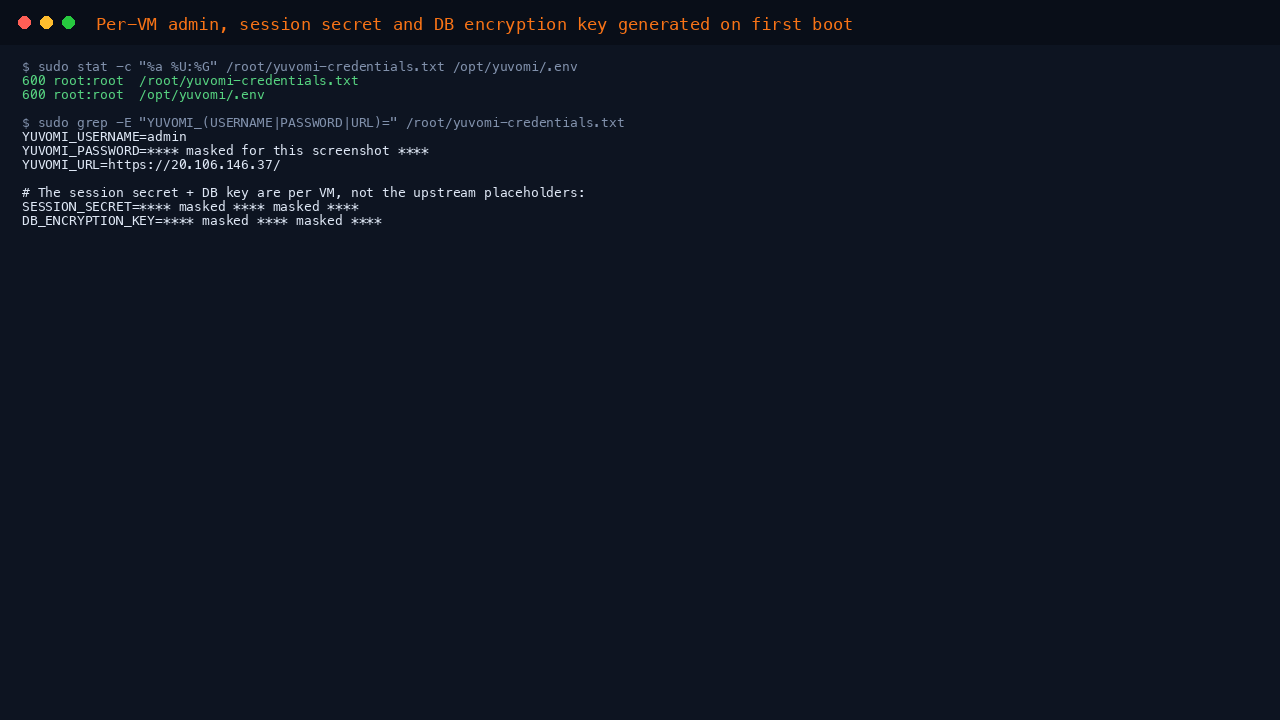 The per instance credentials file, showing the Yuvomi admin login generated randomly for this VM (masked here) and the resolved web URL, with the credentials file confirmed as 0600 root:root