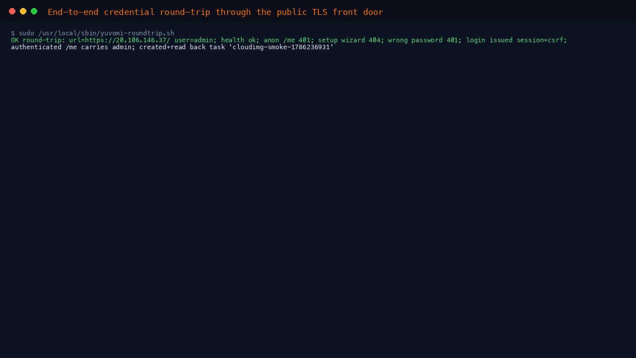The credential round-trip prover reporting OK: health ok, the anonymous authenticated API returned 401, the setup wizard returned 404, a wrong password was rejected 401, login issued a session and CSRF token, the authenticated whoami carries the admin username, and a task was created and read back