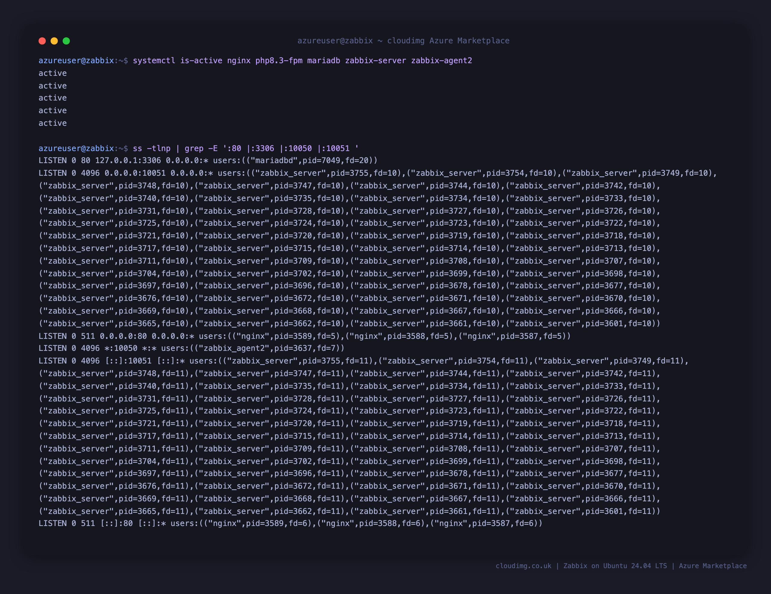 The nginx, php8.3-fpm, mariadb, zabbix-server and zabbix-agent2 services active, with nginx on port 80, the agent on 10050 and the server trapper on 10051, and MariaDB bound to loopback 127.0.0.1:3306