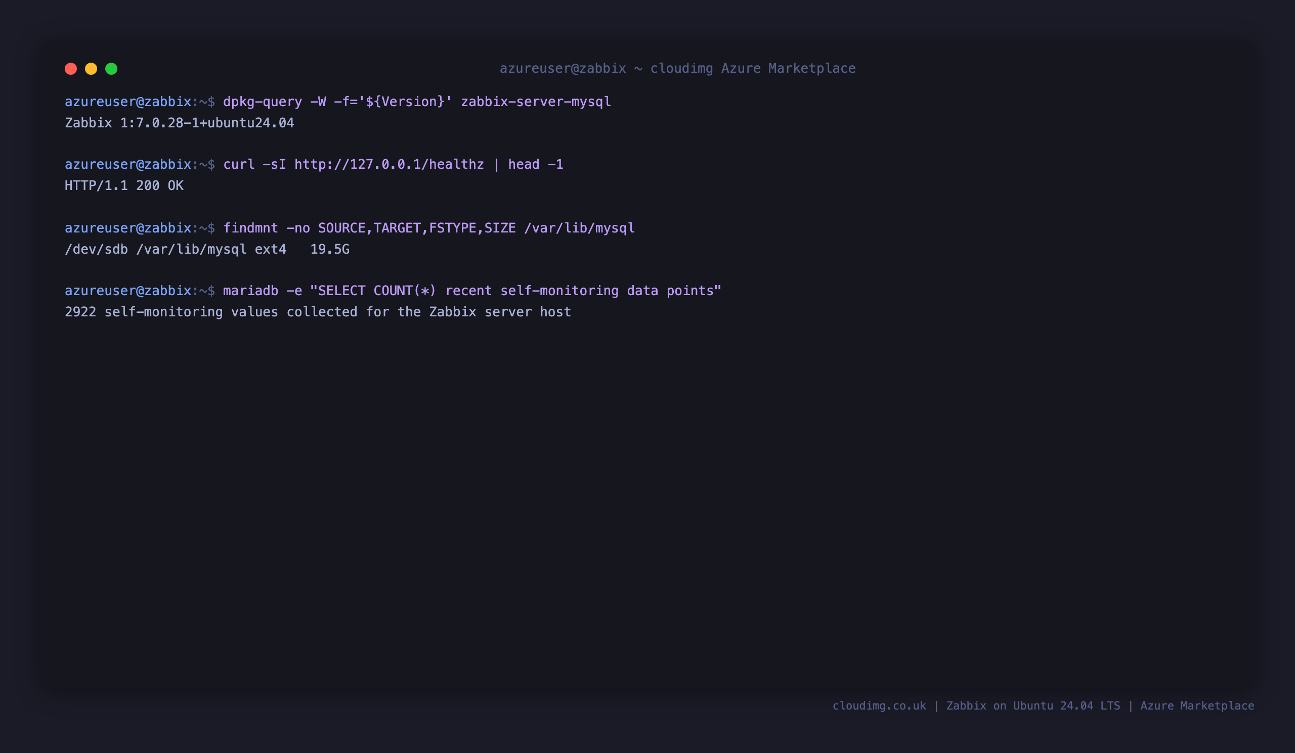 The Zabbix 7.0.28 version, the healthz endpoint returning 200, the ext4 data disk mounted at /var/lib/mysql, and the count of self monitoring values collected for the Zabbix server host