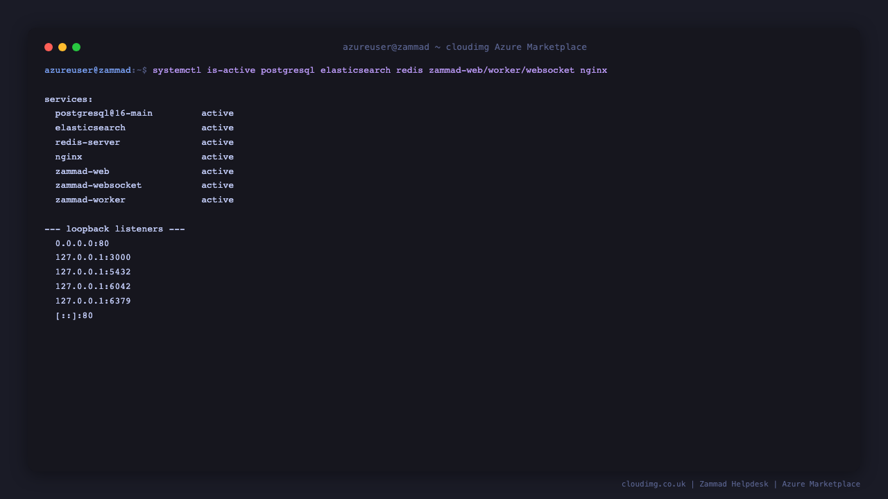 Zammad services active and the loopback listeners for the railsserver, websocket, Elasticsearch, PostgreSQL, Redis and nginx