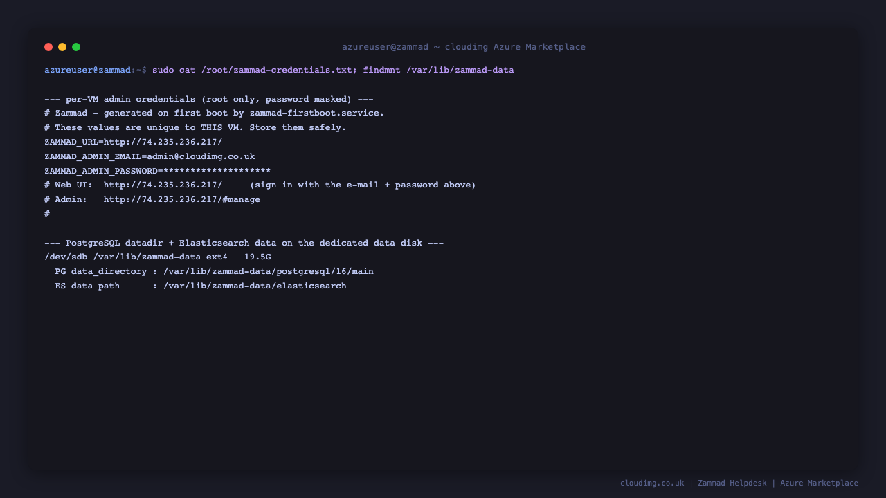 The per-VM Zammad credentials file with the password masked, and the data disk holding PostgreSQL and Elasticsearch