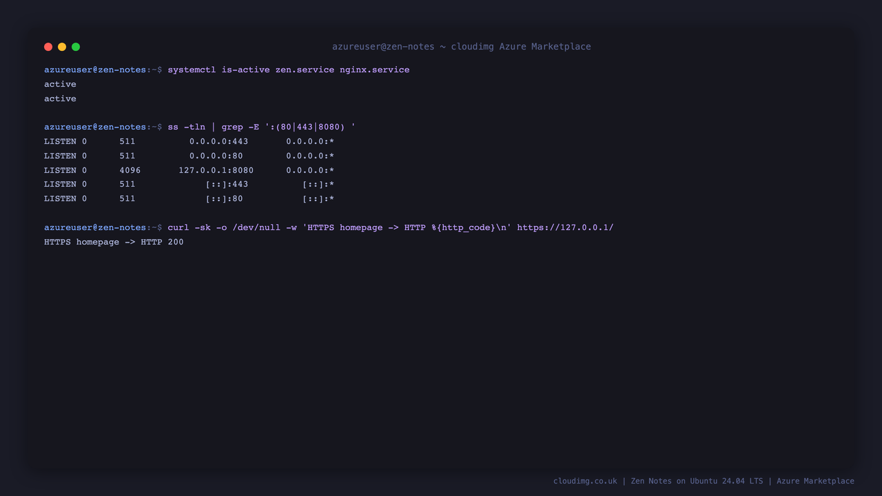 Zen services, loopback + nginx binding, and HTTPS health on the VM
