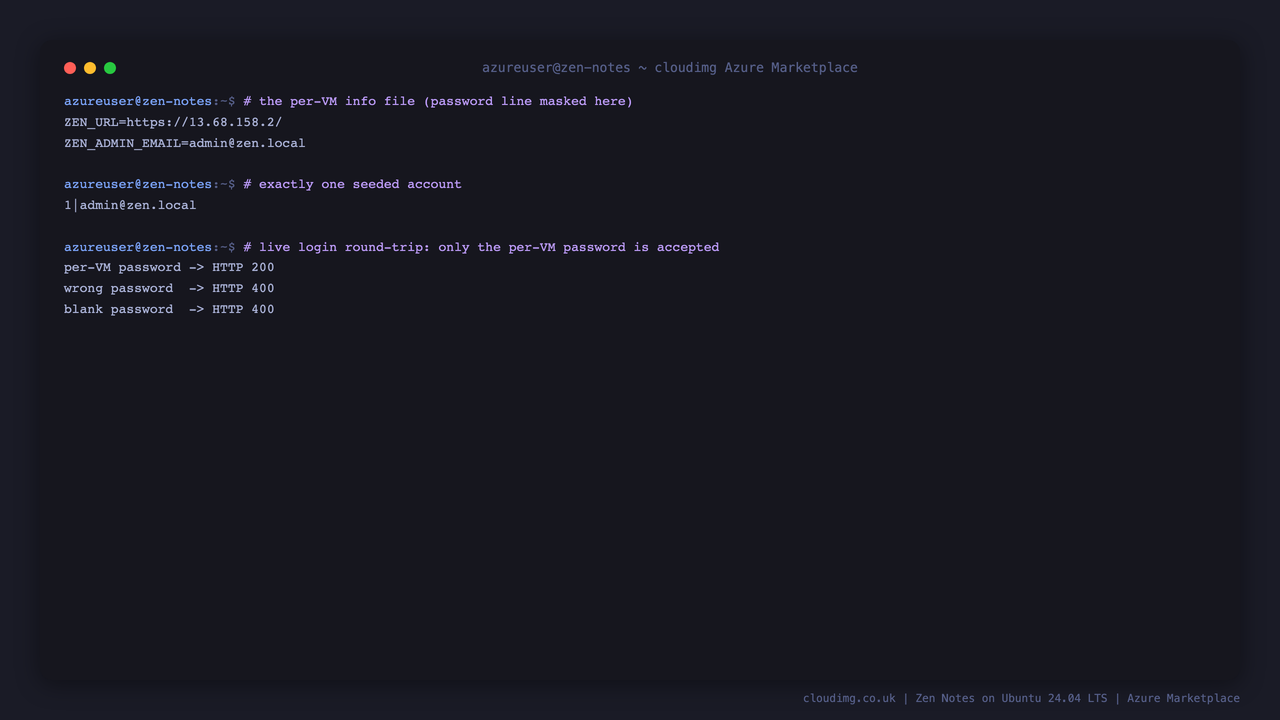 Secure by default: the per-VM info file, one seeded account, and a live login round-trip