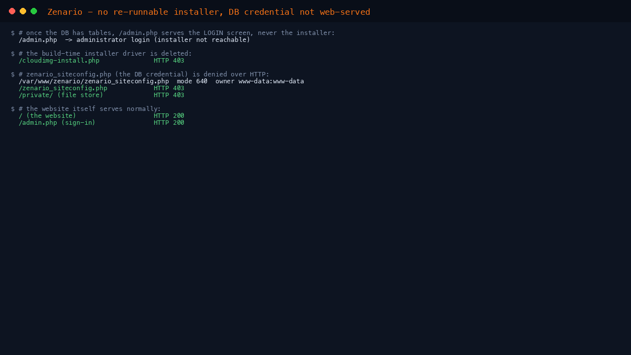 Zenario no re-runnable installer, DB credential not web-served