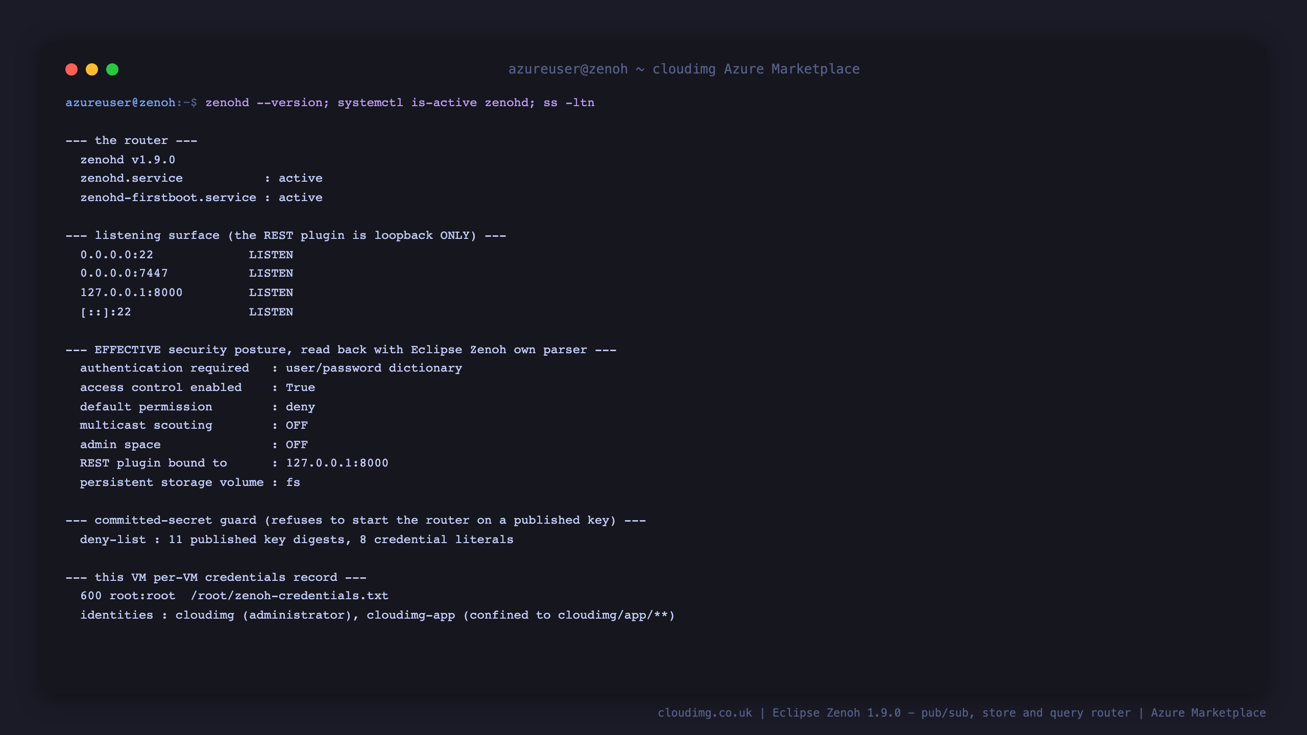 Terminal showing zenohd reporting version 1.9.0 with zenohd.service active, the listening surface with 0.0.0.0:7447 for the router and 127.0.0.1:8000 for the REST plugin, then the effective security posture read back with Eclipse Zenoh's own configuration parser confirming access control enabled true, default permission deny, multicast scouting off, admin space off, the REST plugin bound to 127.0.0.1:8000 and a persistent fs storage volume, then the committed-secret deny-list holding 11 published key digests and 8 credential literals, and finally the per-VM credentials record at permissions 600 owned by root listing the cloudimg administrator and the cloudimg-app identity confined to cloudimg/app/**
