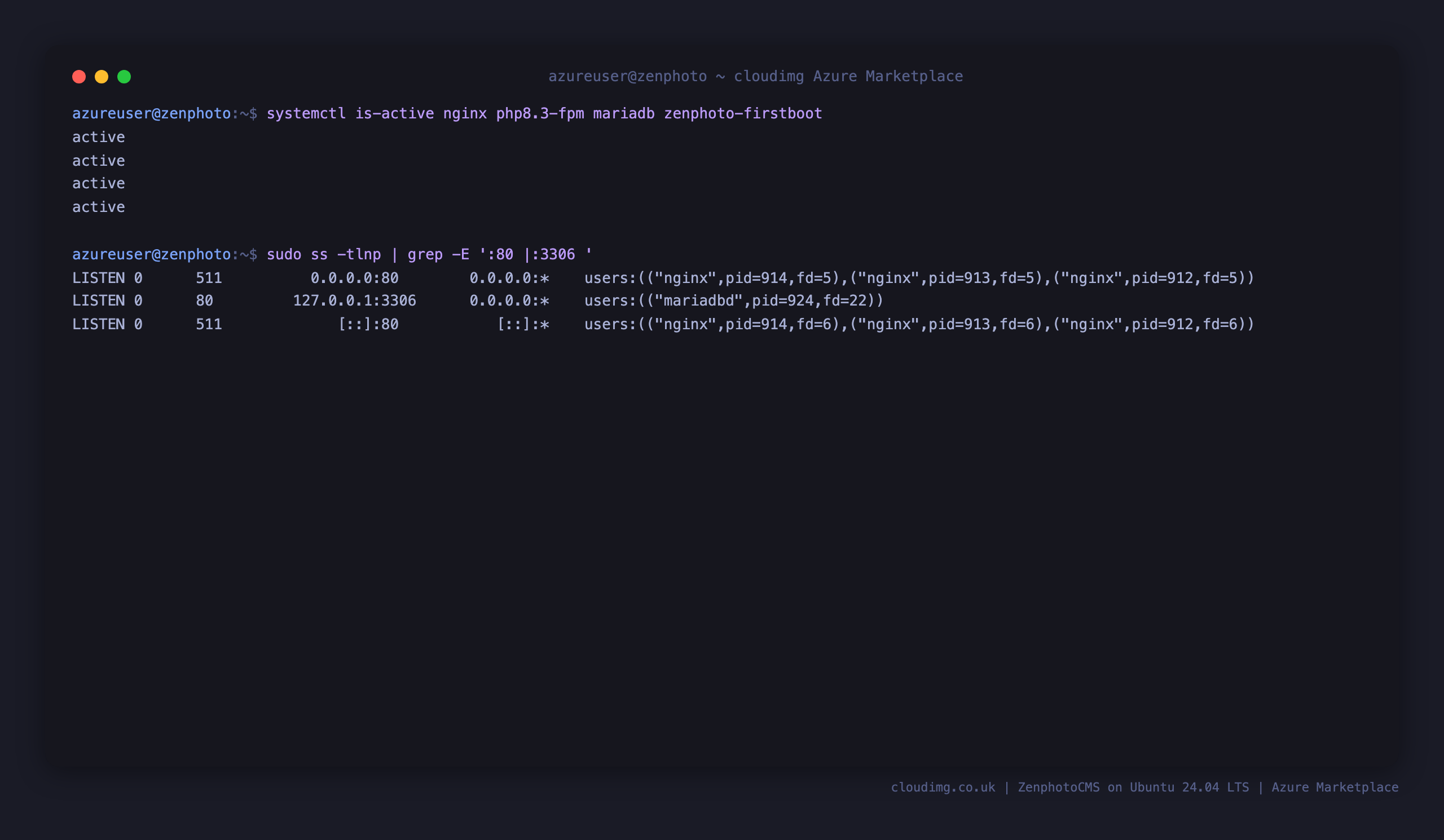 The nginx, php8.3-fpm, mariadb and zenphoto-firstboot services active, with nginx on port 80 and MariaDB bound to loopback 127.0.0.1:3306