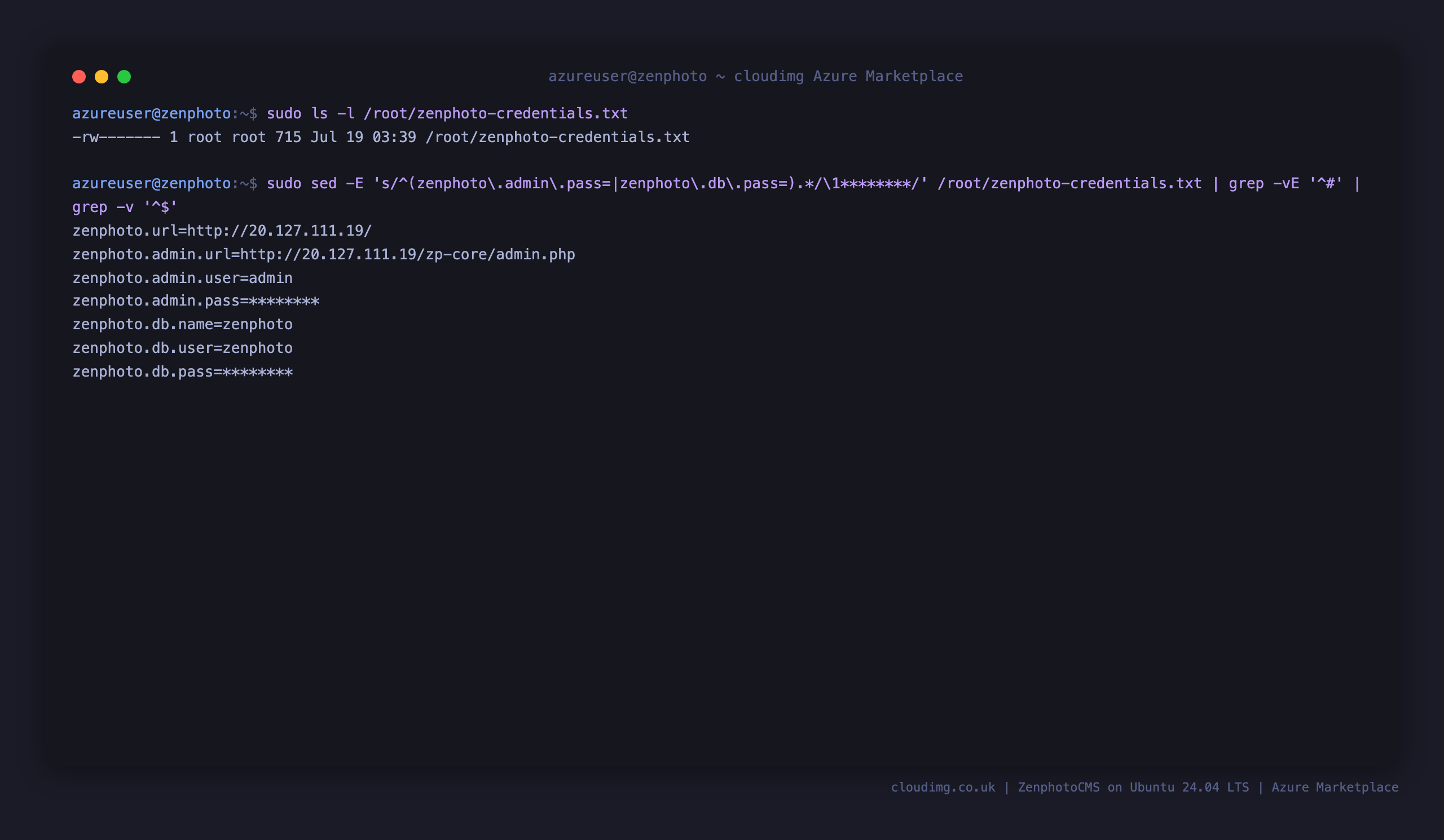 The per VM ZenphotoCMS credentials file, showing the admin login user, the generated password masked, the gallery and backend URLs and the loopback MariaDB details