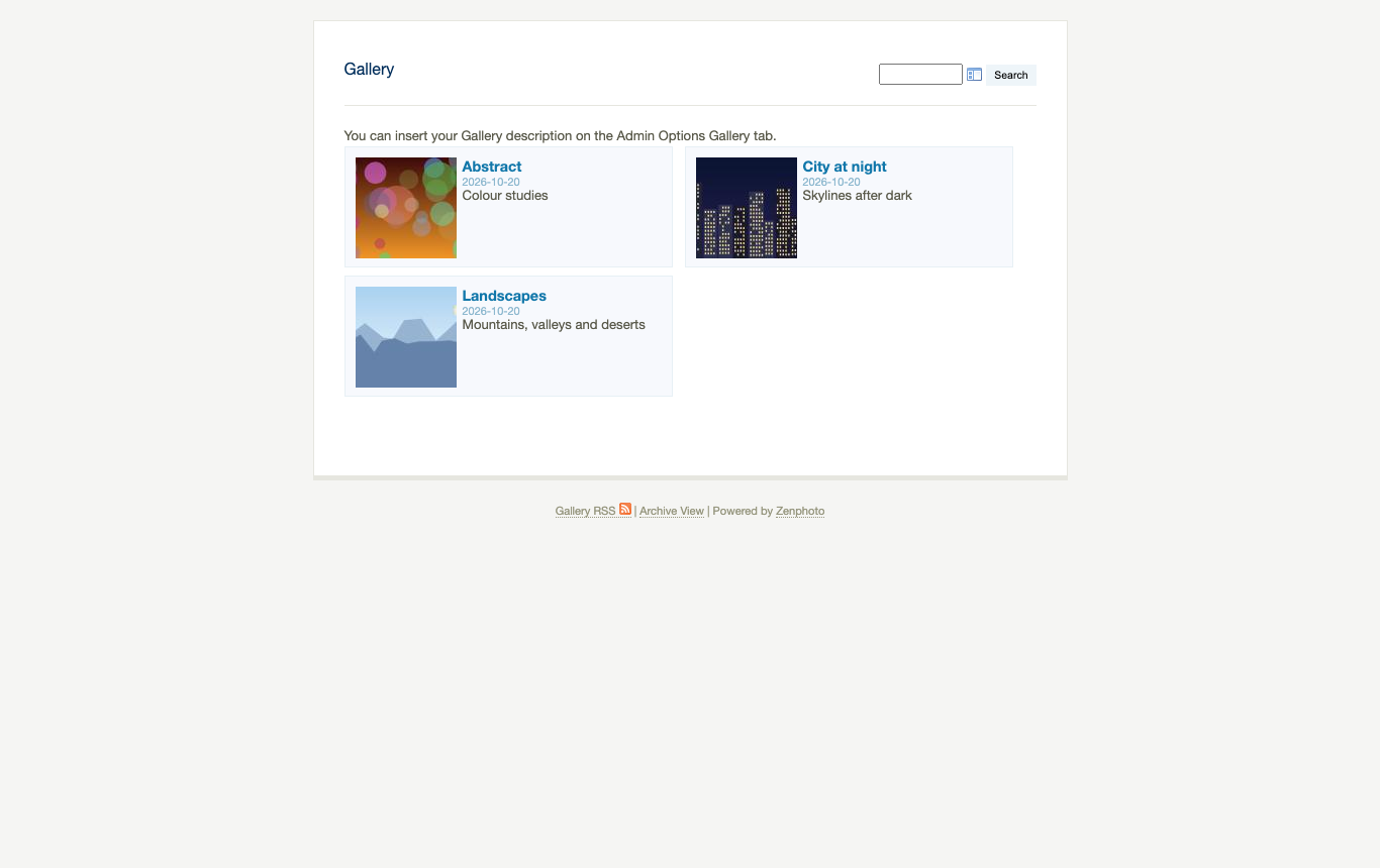 The Zenphoto gallery front page in the Basic theme listing three albums, Abstract, City at night and Landscapes, each with a thumbnail, date and description, and a search box
