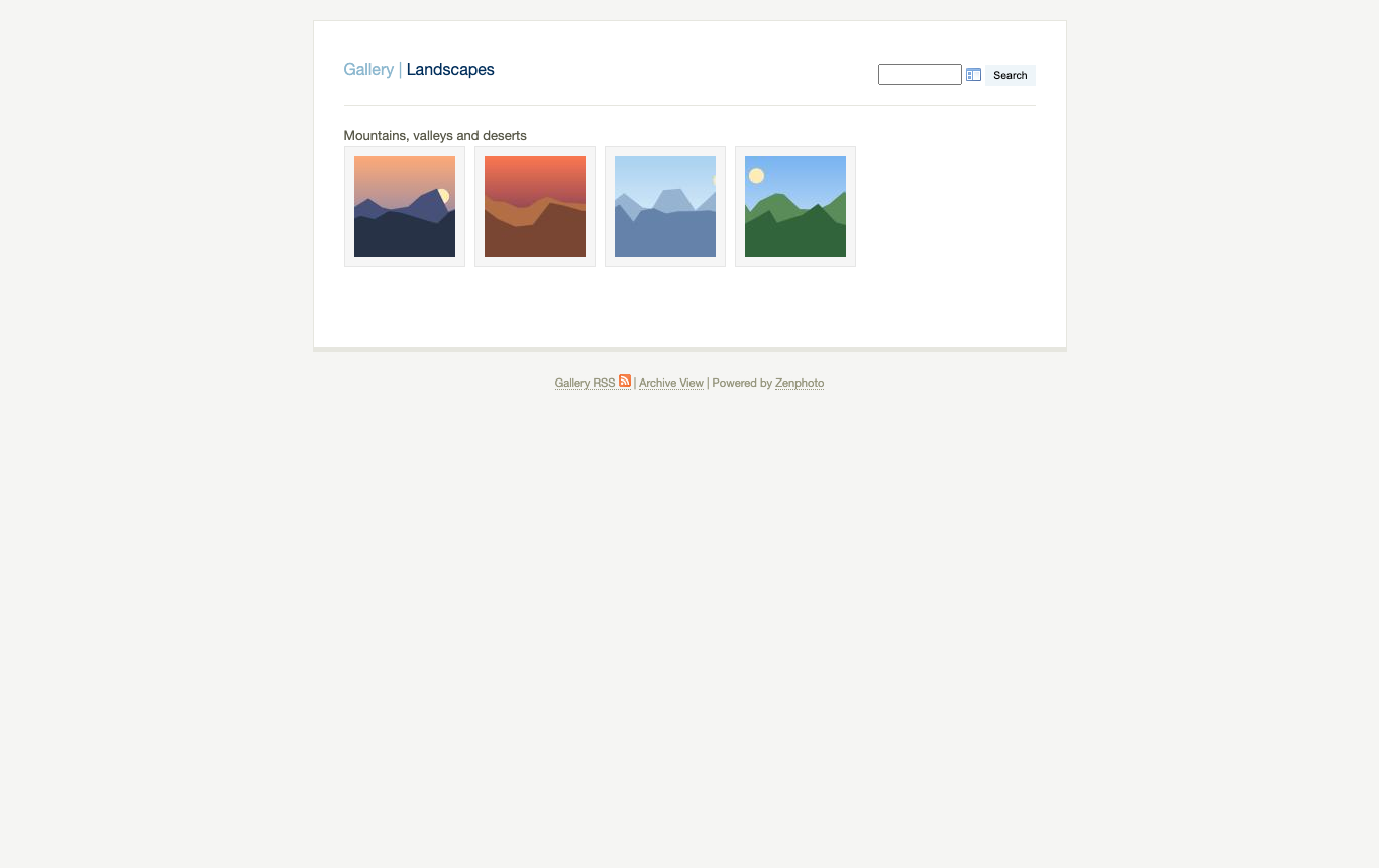 The Landscapes album in the Zenphoto gallery showing four image thumbnails under the album description