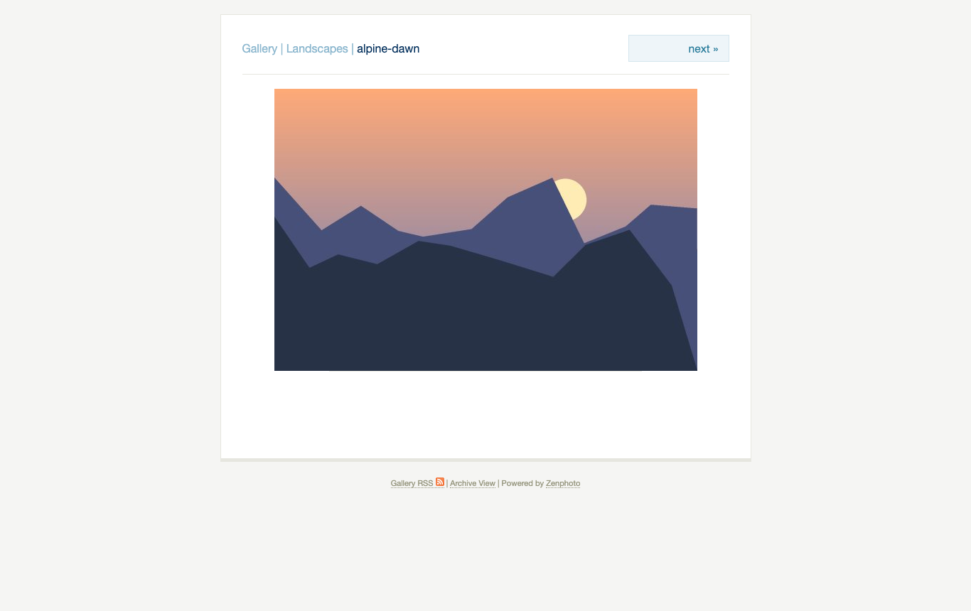 A single image page in the Zenphoto gallery showing a landscape picture with the album breadcrumb and a next link