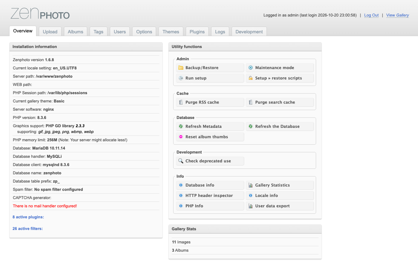 The Zenphoto backend Overview tab showing installation information, utility functions such as Backup/Restore and Maintenance mode, and gallery statistics