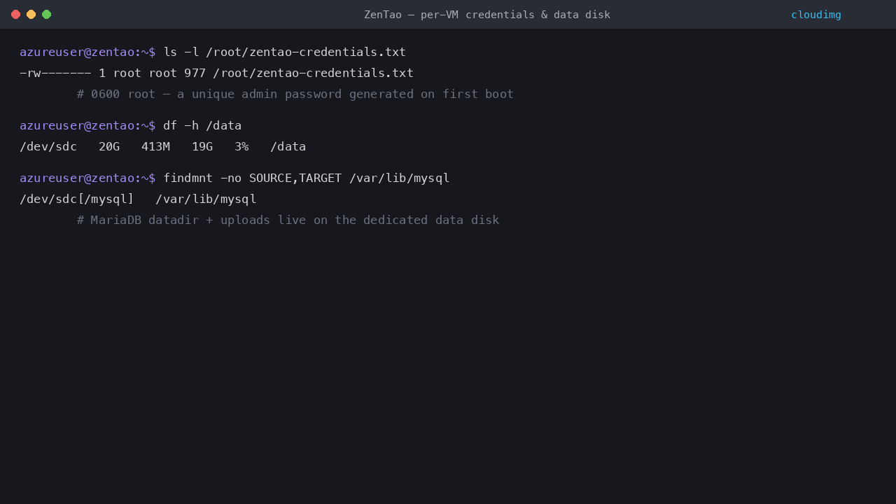 The zentao-credentials.txt file with 0600 root permissions, the 20 GiB data disk mounted at /data, and the MariaDB datadir bind mounted from the data disk