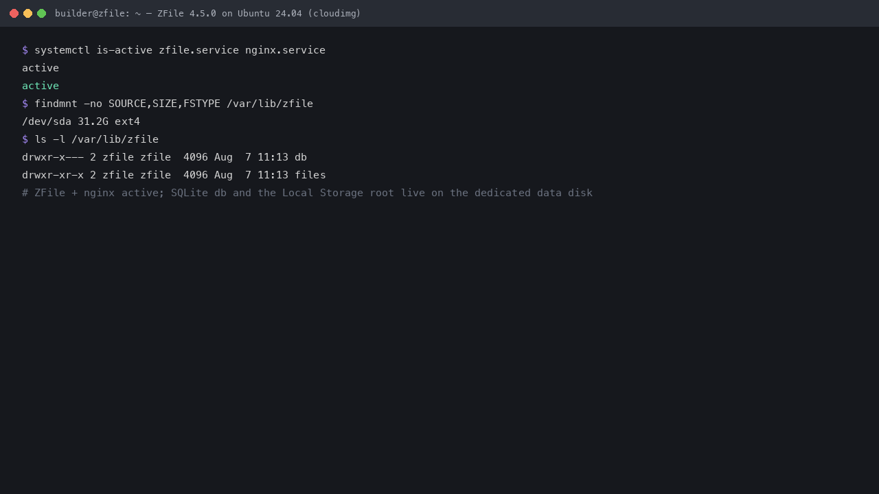 The zfile and nginx services active, and the dedicated data disk mounted at /var/lib/zfile holding the db and files directories