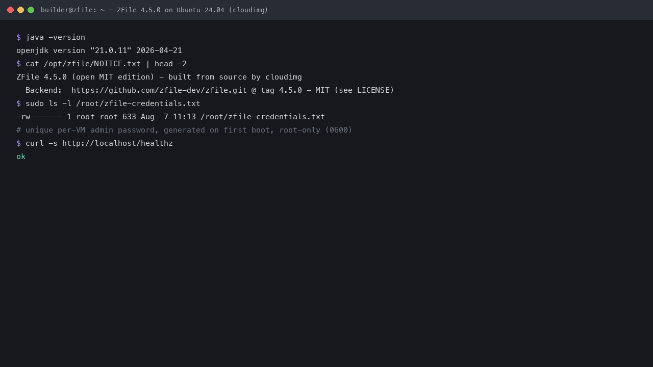 The OpenJDK 21 runtime, the MIT source provenance in NOTICE.txt, the root only per VM credentials file, and the healthz endpoint returning ok