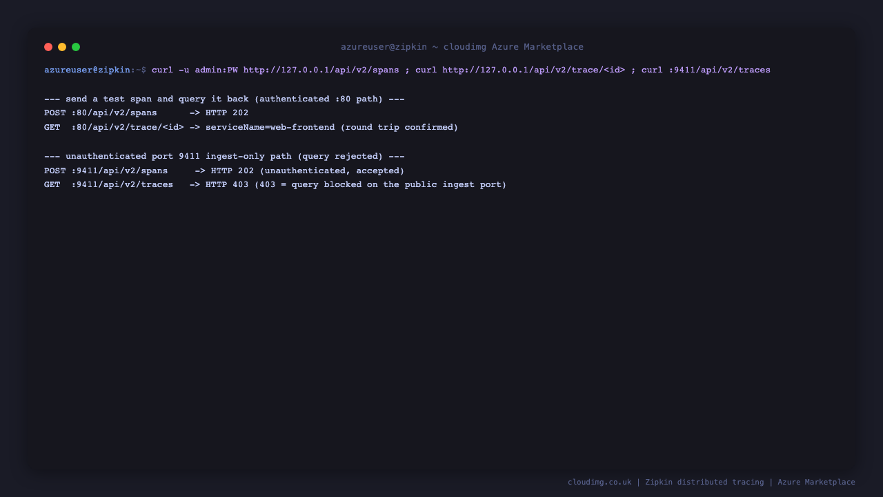 Posting a test span to the authenticated port-80 API and to the unauthenticated port-9411 ingest endpoint, both returning HTTP 200/202, and the trace query reading the span back with its service name and duration