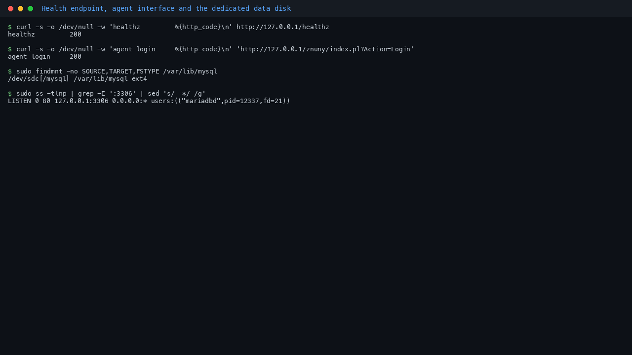 The health endpoint and the agent interface both returning HTTP 200 and the MariaDB datadir mounted on the dedicated ext4 data disk
